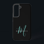 Elegant modern zwart Blauwgroen Script-monogram Samsung Galaxy Hoesje<br><div class="desc">Elegant modern Zwart Blauwgroen Manuscript Monogram Telefoontas. Een elegant blauwgroen manuscriptmonogram dat met een schone witte san-serif doopvont wordt gecombineerd maakt voor een hedendaagse blik.</div>
