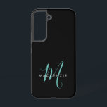 Elegant modern zwart Blauwgroen Script-monogram Samsung Galaxy Hoesje<br><div class="desc">Elegant modern Zwart Blauwgroen Manuscript Monogram Telefoontas. Een elegant blauwgroen manuscriptmonogram dat met een schone witte san-serif doopvont wordt gecombineerd maakt voor een hedendaagse blik.</div>