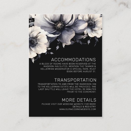 Elegant Modern Zwart Bloemen Bruiloft Details Informatiekaartje (Achterkant)