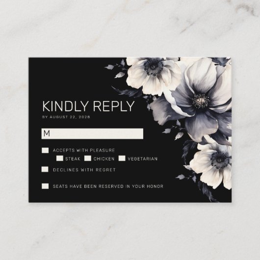 Elegant Modern Zwart Bloemen Bruiloft RSVP Informatiekaartje (Voorkant)