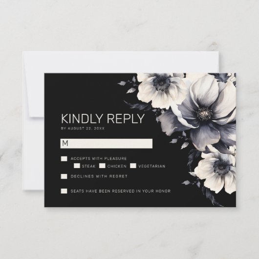 Elegant Modern Zwart Bloemen Bruiloft RSVP Notitiekaartje (Voorkant)