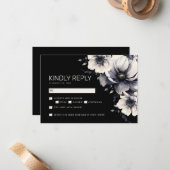 Elegant Modern Zwart Bloemen Bruiloft RSVP Notitiekaartje (Voorkant / Achterkant in situ)