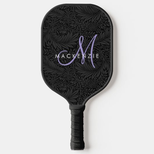 Elegant Modern Zwart Bloemig Paars Schrift Monogra Pickleball Paddle (Voorkant)
