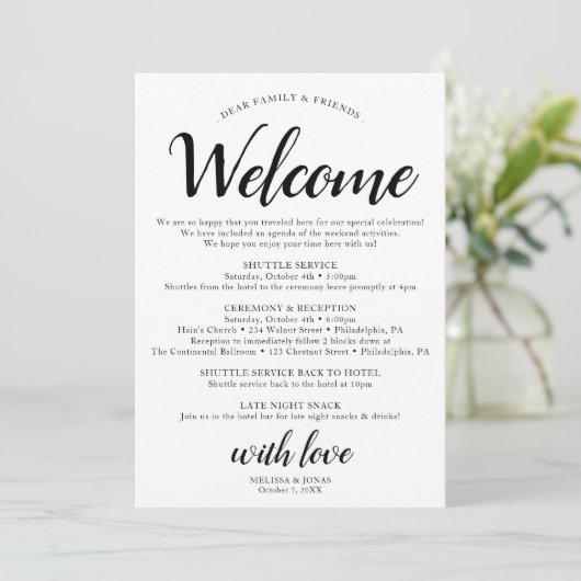 Elegant Modern Zwart Bruiloft Reisschema Programma Programmakaart (Staand voorkant)