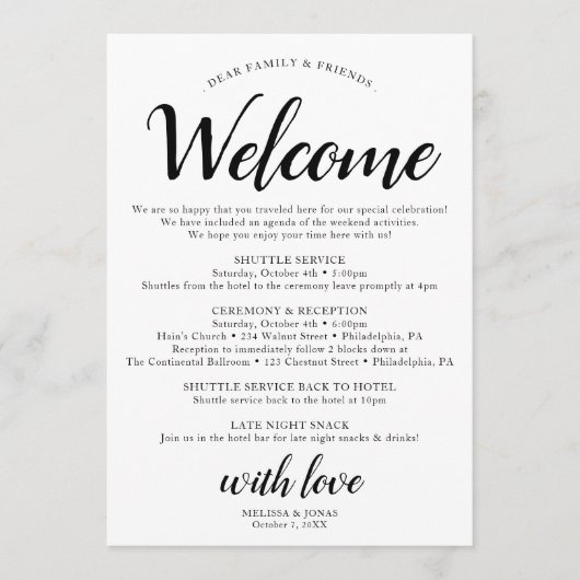 Elegant Modern Zwart Bruiloft Reisschema Programma Programmakaart (Voorkant)