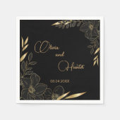 Elegant Modern Zwart en Goud Bloemen bruiloft Servet (Voorkant)