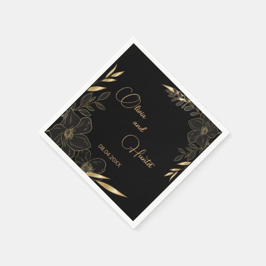 Elegant Modern Zwart en Goud Bloemen bruiloft Servet (Hoek)