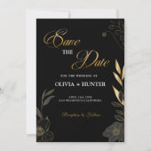 Elegant Modern Zwart en Goud Bloemen Save The Date (Voorkant)