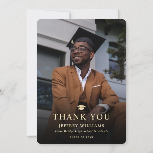 Elegant Modern Zwart en Goud Foto Afstuderen Bedankkaart (Voorkant)