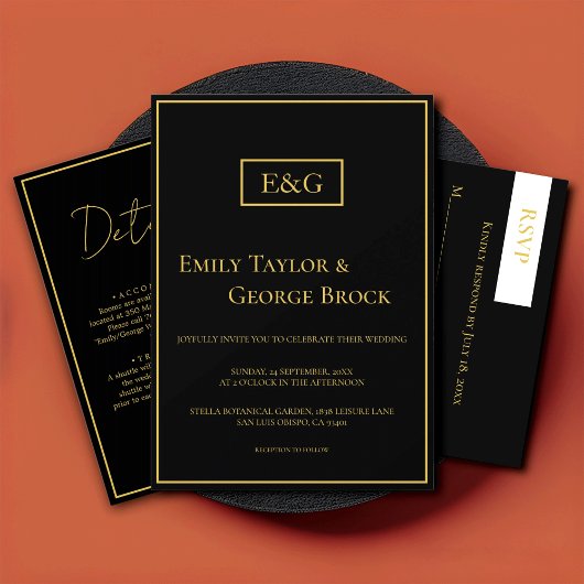 Elegant modern zwart en goudmonogram huwelijk kaart