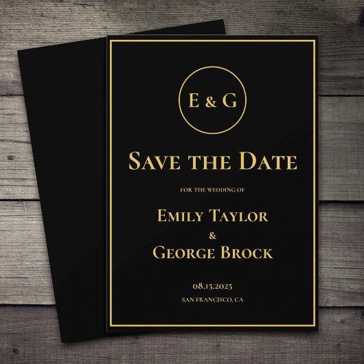 Elegant modern zwart en goudmonogram huwelijk save the date
