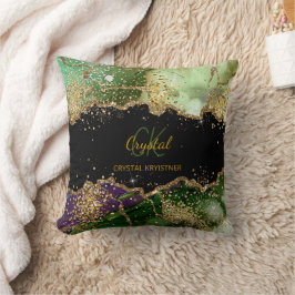 Elegant Modern Zwart en Groen Glitter Monogram Kussen