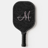 Elegant modern zwart Floral roze monogram Pickleball Paddle (Achterkant)
