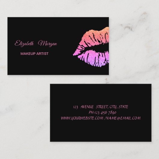 Elegant modern zwart, glitter lips visitekaartje (Voorkant / Achterkant)