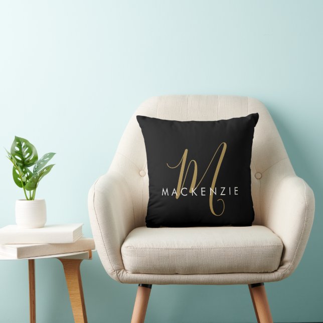 Elegant modern zwart Gold Script-monogram Kussen (Stoel)