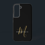 Elegant modern zwart Gold Script-monogram Samsung Galaxy Hoesje<br><div class="desc">Elegant modern Black Gold Script Monogram telefoontas. Een elegant goudscriptmonogram gecombineerd met een schone witte san-serif doopvont maakt voor een hedendaagse blik.</div>