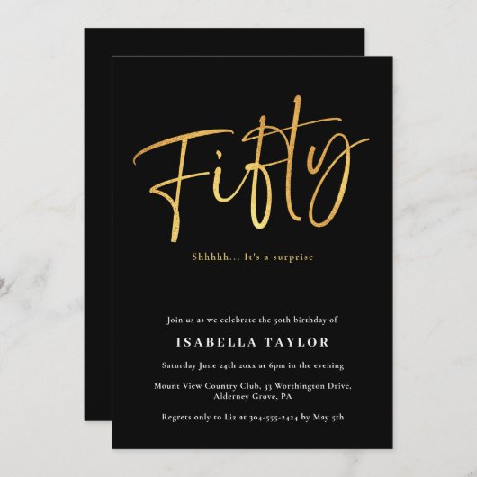 Elegant Modern Zwart Goud 50e Verjaardag Kaart (Voorkant / Achterkant)