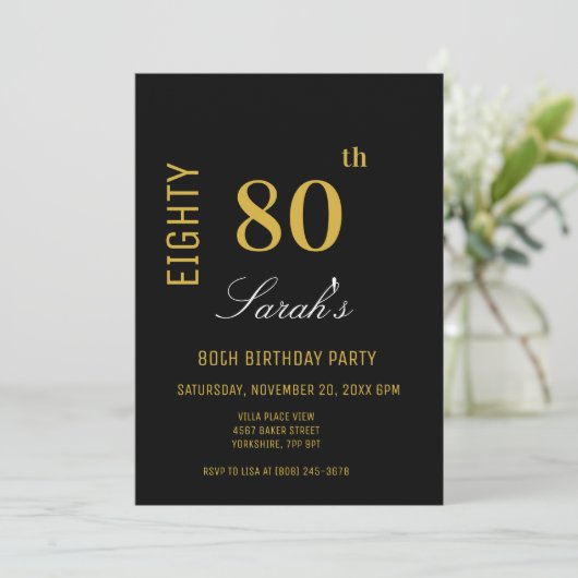 Elegant Modern Zwart & Goud 80e Verjaardag Kaart (Staand voorkant)