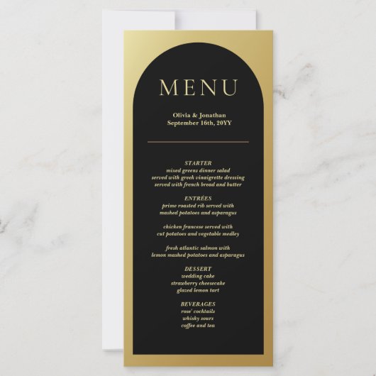 Elegant Modern Zwart Goud Bruiloft Tafel Menu Kaar (Voorkant)