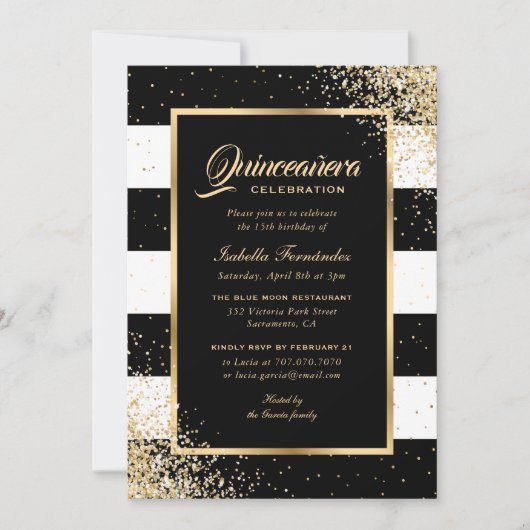 Elegant Modern Zwart Goud Confetti Quinceañera Kaart (Voorkant)