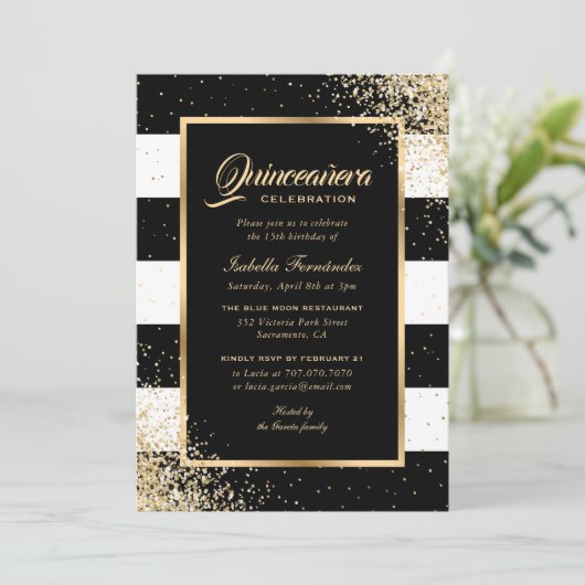 Elegant Modern Zwart Goud Confetti Quinceañera Kaart (Staand voorkant)