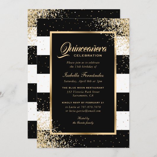 Elegant Modern Zwart Goud Confetti Quinceañera Kaart (Voorkant / Achterkant)