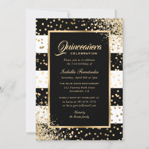 Elegant Modern Zwart Goud Confetti Quinceañera Kaart