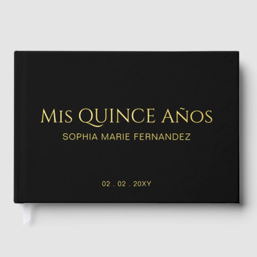 Elegant Modern Zwart Goud Quinceañera Gastenboek (Voorkant)