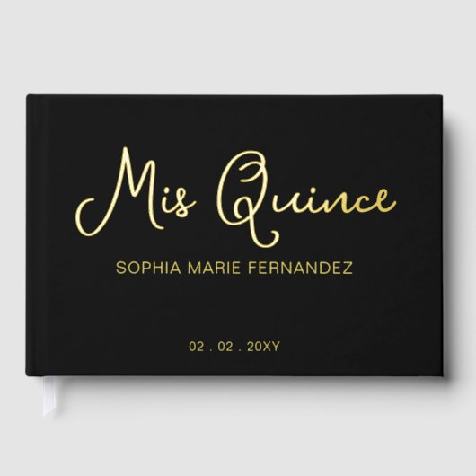 Elegant Modern Zwart Goud Quinceañera Gastenboek (Voorkant)