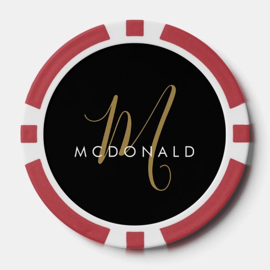 Elegant Modern Zwart Goud Schrift Monogram Poker Chips (Voorkant)