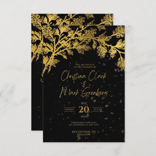 Elegant Modern Zwart Gouden Bruiloft Uitnodiging (Voorkant / Achterkant)