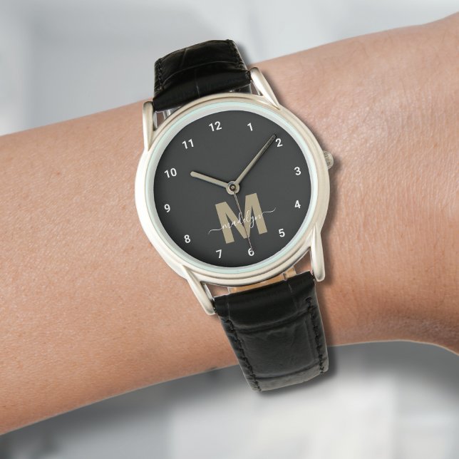 Elegant modern zwart goudmonogram horloge (Elegant Modern Black Gold Monogram Watch)