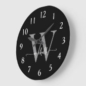 Elegant Modern Zwart Grijs Monogram Naam Script Grote Klok (Hoek)