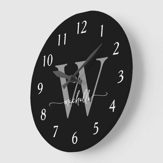 Elegant Modern Zwart Grijs Monogram Naam Script Grote Klok (Hoek)