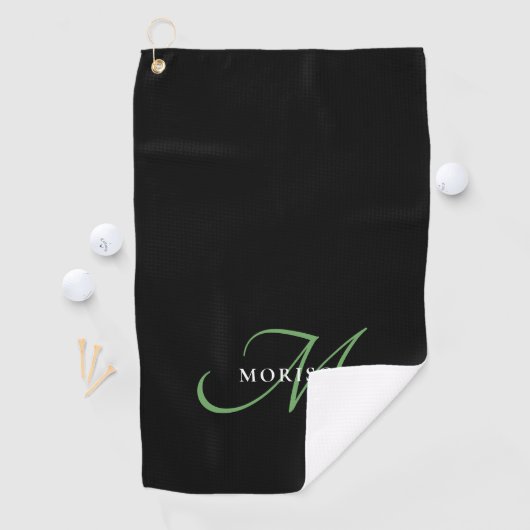 Elegant Modern Zwart GroenScript Monogram Golfhanddoek (Insitu)