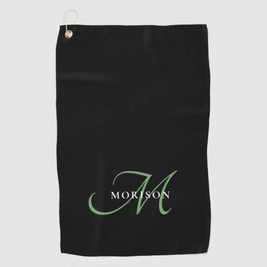 Elegant Modern Zwart GroenScript Monogram Golfhanddoek (Voorkant)