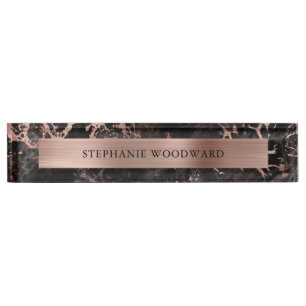 Elegant Modern Zwart Marmer Geborsteld Roze Goud F Naambordje