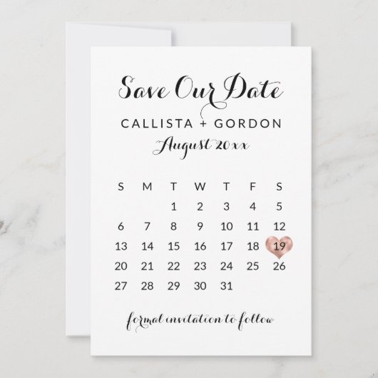 Elegant modern zwart Roos Gold Heart Calendar Save The Date (Voorkant)