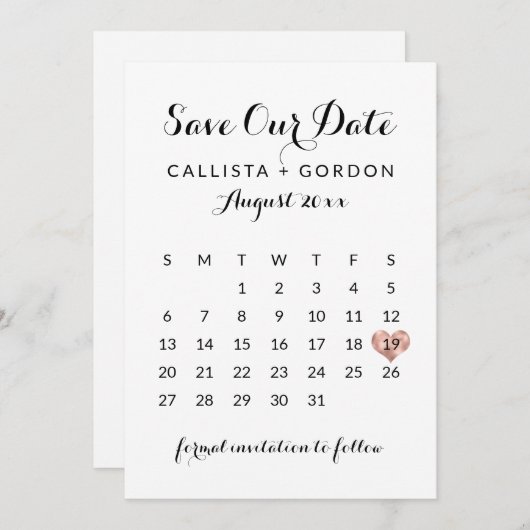 Elegant modern zwart Roos Gold Heart Calendar Save The Date (Voorkant / Achterkant)