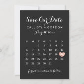 Elegant modern zwart Roos Gold Heart Calendar Save The Date (Voorkant)