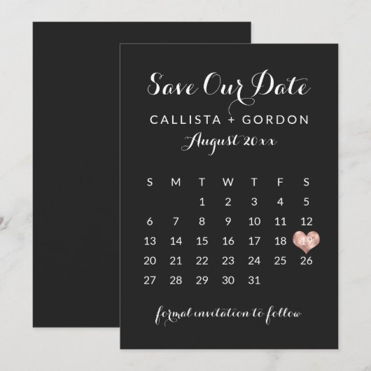 Elegant modern zwart Roos Gold Heart Calendar Save The Date (Voorkant / Achterkant)