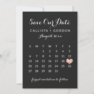Elegant modern zwart Roos Gold Heart Calendar Save The Date