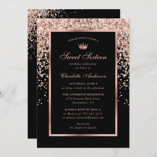 Elegant Modern Zwart Roos Goud Sweet 16 Verjaardag Kaart (Voorkant / Achterkant)