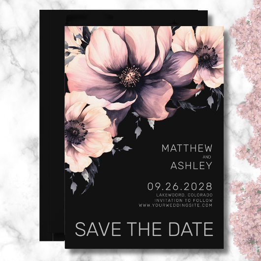 Elegant Modern Zwart Roze Bloemen Bruiloft Save The Date