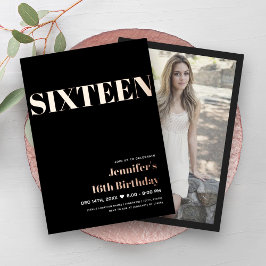 ELEGANT Modern Zwart Sweet 16 Typografie Folie Uitnodiging