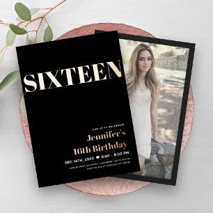 ELEGANT Modern Zwart Sweet 16 Typografie Folie Uitnodiging