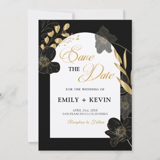 Elegant Modern Zwart-wit, Bloemen, Foto Save The Date (Voorkant)