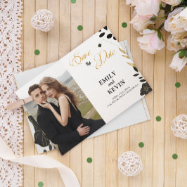 Elegant Modern Zwart-wit, Bloemen, Fotokaart Save The Date