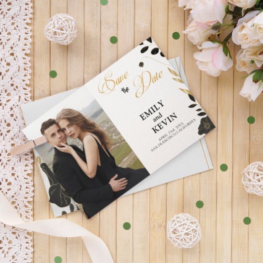 Elegant Modern Zwart-wit, Bloemen, Fotokaart Save The Date
