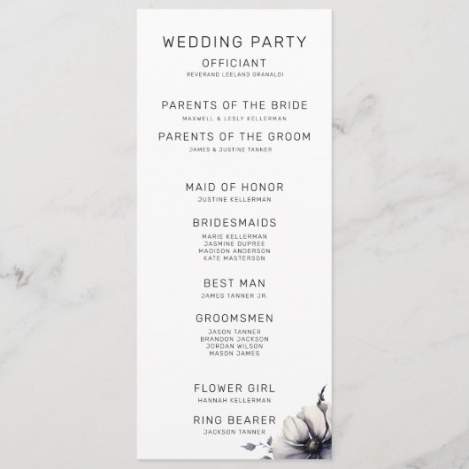 Elegant Modern Zwart Wit Bloemen Huwelijksceremoni Programmakaart (Achterkant)